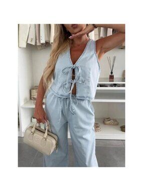 Tie Front Vest and Jeans Denim Set